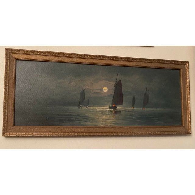 American 19 Century Maritime Oil painting.This Moonlit Maritime Painting 19century Atmospheric Nocturnal Scene a Style Often Referred to as Nocturne. For Sale - Image 4 of 11