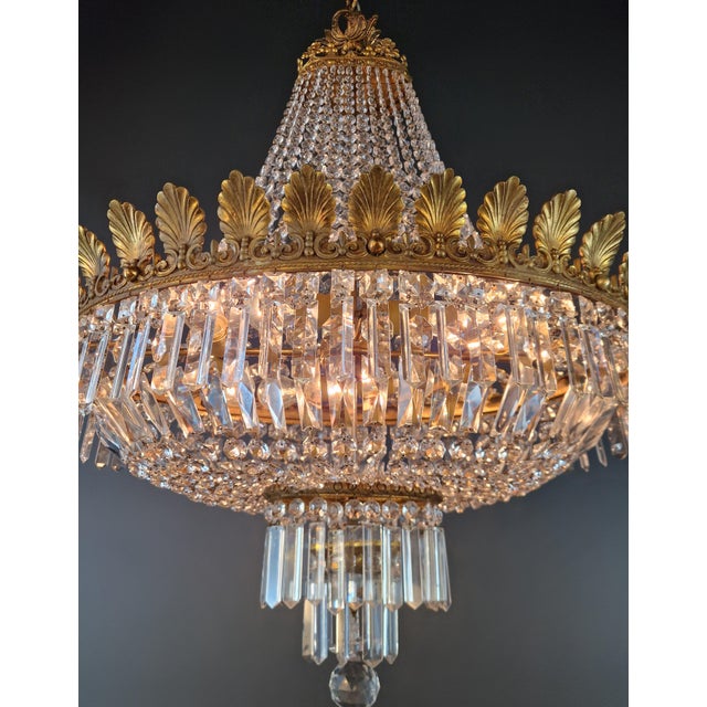 Antique Art Nouveau Low Oval Plafonnier Crystal Chandelier Brass For Sale - Image 9 of 15
