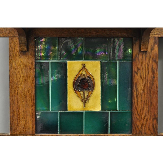 Antique English Art Nouveau Oak & Green Tile Coat Rack Umbrella Stand Hall Tree For Sale In Philadelphia - Image 6 of 18