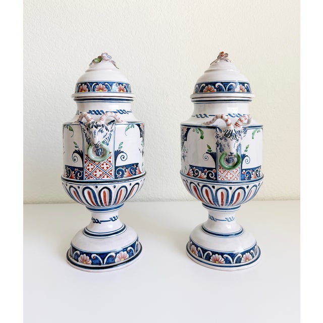 Blue Pair of Mid-Century French Hand Painted Faience Urns With Ram Head Handles For Sale - Image 8 of 18