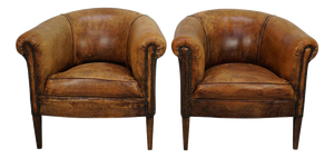 Vintage Dutch Cognac Colored Leather Club Chairs, Set of 2