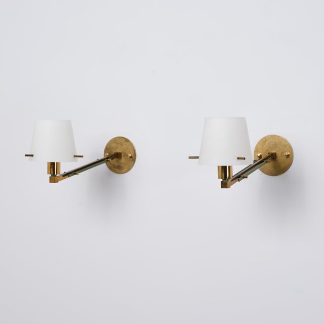 Italian Brass, Green Metal and Opaline Glass Wall Sconces, 1950s, Set of 2 For Sale - Image 14 of 14