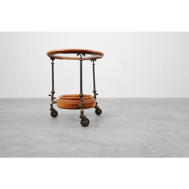 Rustic Rustic Copper and Walnut Serving Trolley with Glass Top, France, 1900s For Sale - Image 3 of 12