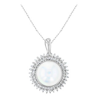 Mother of Pearl Diamond Halo Pendant .57cttw 14k White Gold 16" For Sale