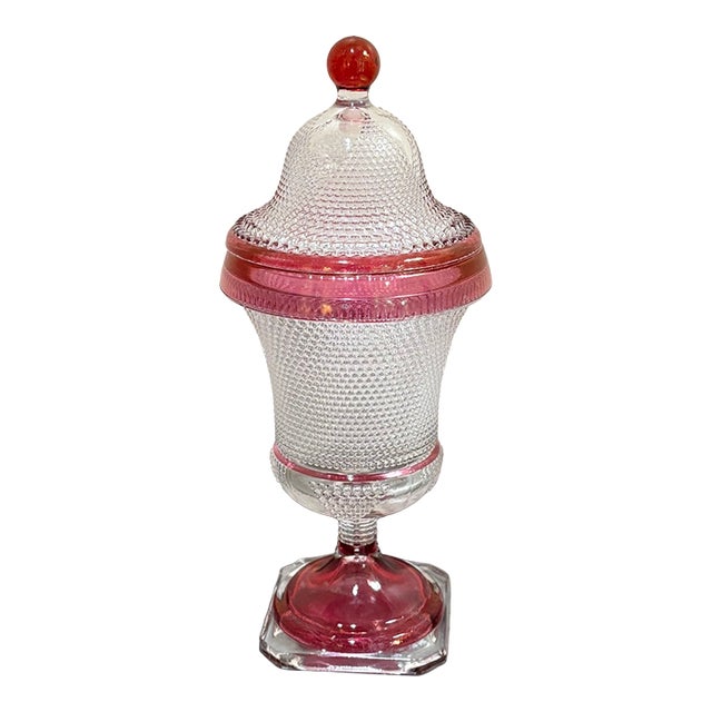 Pink/Clear Hobnail Glass Lidded Pedestal Jar For Sale