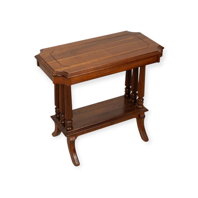 Vintage Neoclassical Walnut Side Table W/ Reeded Columns & Lower Shelf 25x13.5x22 For Sale - Image 10 of 11