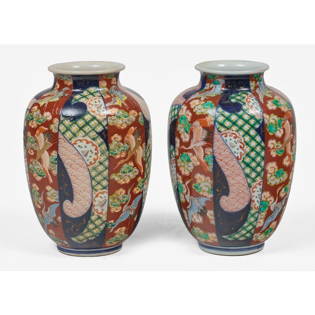 Japanese Antique Pair of Imari Open Vases For Sale - Image 3 of 6