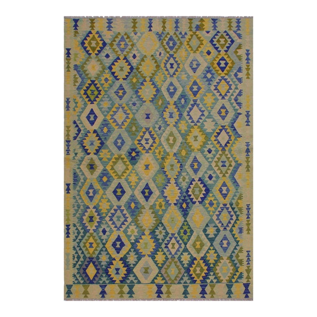 1990s Kilim Green Blue Wool Rug - 6'6" X 9'9" For Sale