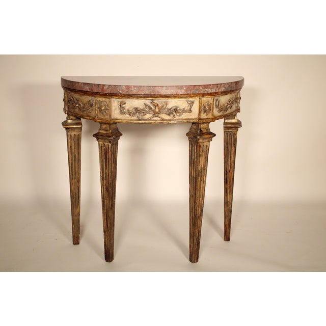 French Antique Louis XVI Style Silver Leaf and Painted Marble Top Console Table For Sale - Image 3 of 11