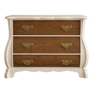 Baker-Vintage French Provincial Three-Drawer Dresser | Sculpted Cream & Rich Walnut For Sale