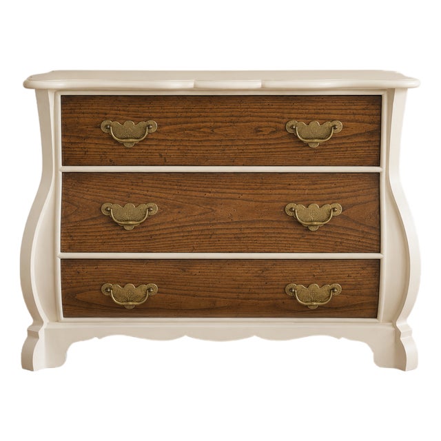 Baker-Vintage French Provincial Three-Drawer Dresser | Sculpted Cream & Rich Walnut For Sale