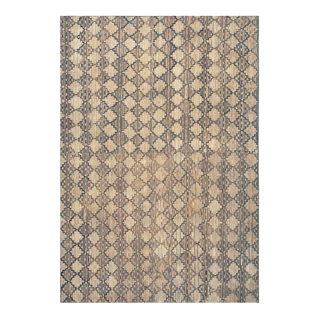 1900s Antique American Brown Room Size Geometric Lattice Folk Art Hooked Rug For Sale