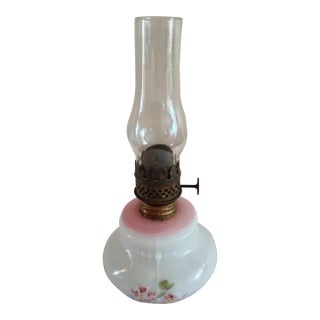 Vintage Milk Glass Painted Floral Embossed Miniature Oil Lamp For Sale