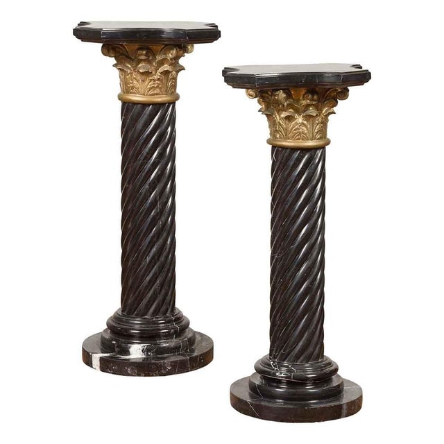 Pair of Black Carrara Marble Twisted Pedestals with Bronze Corinthian Capitals For Sale - Image 14 of 15