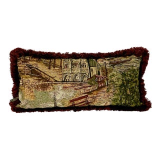 1980s Vintage Rustic European Boho Chic Tapestry Style Fringed Lumbar Decorative Pillow For Sale