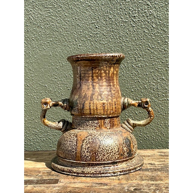 Mid-Century Modern Vintage Original 2 Handle Studio Pottery Vase For Sale - Image 3 of 12
