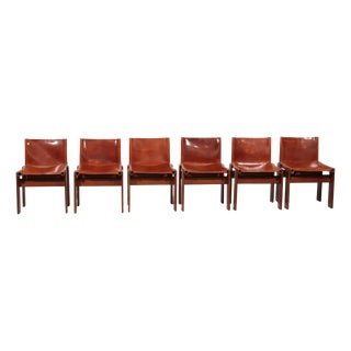 Walnut and Cognac Saddle Leather Monk Chairs by Afra and Tobia Scarpa, 1970, Set of 6 For Sale