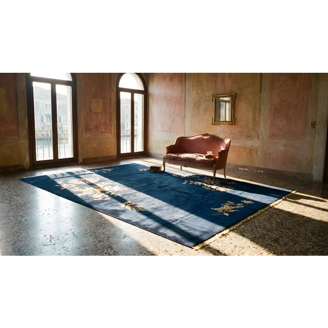 1930s Blue Navy Floral Modern Antique Chinese Art Deco Carpet 8'10" X 11'8" Handknotted Wool Rug For Sale - Image 15 of 15