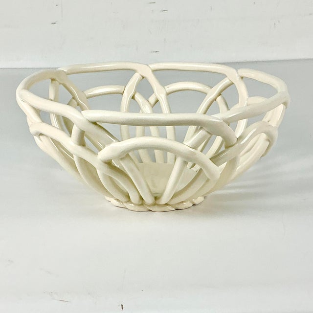 1970s Vintage Italian Arts & Crafts Boho Chic Handcrafted Open Weave Studio Pottery Serving Bowl, Ivory For Sale - Image 5 of 11