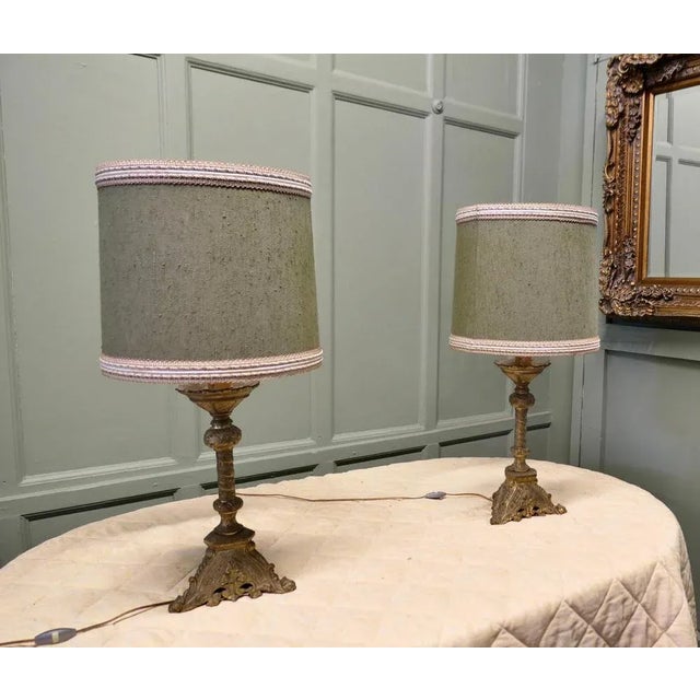 Green Antique French Gothic Brass Table Lamps, 1900, Set of 2 For Sale - Image 8 of 10