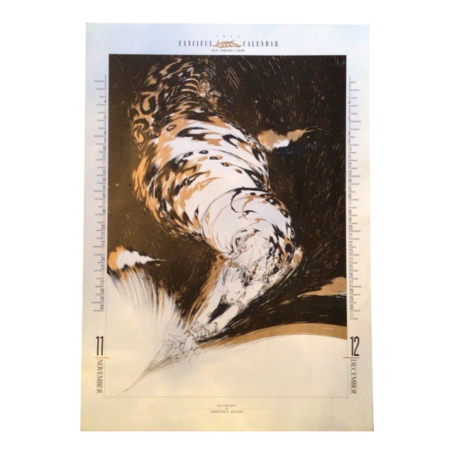 Signed Illustration Print From 1989 "Fanciful Calendar" by Yoshitaka Amano, Produced by Ten Production. For Sale