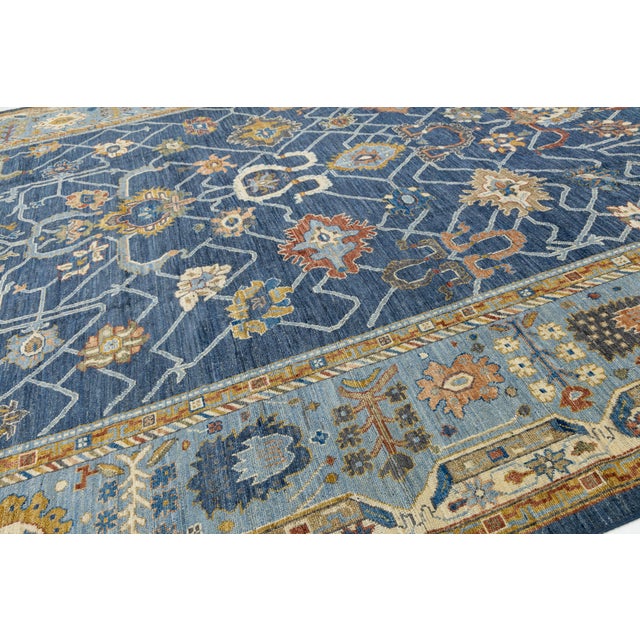 14x20 Hand-Knotted Modern Oushak Style Wool Rug in Indigo Blue & Earthy Motifs For Sale - Image 10 of 12