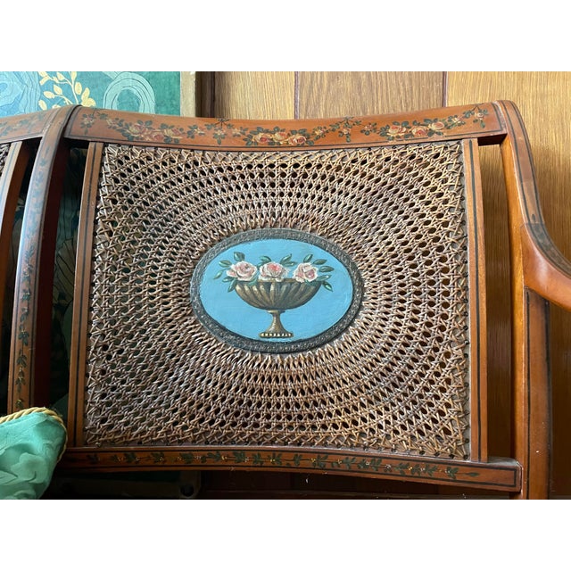 Brown Edwardian Satinwood Painted Cane Back Open Arm Settee For Sale - Image 8 of 12