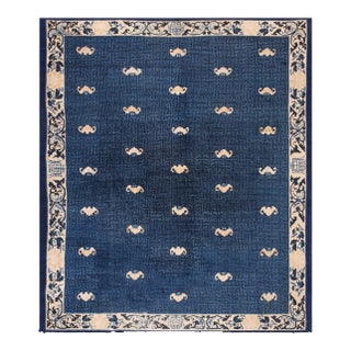 1880s Navy Blue Classic Antique Chinese Peking Rug 8'2" X 9'6" Hand Knotted Wool Carpet For Sale