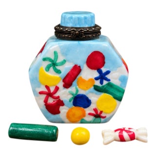 Hand-Painted Porcelain Candy Jar Hinged Trinket Box With 3 Miniature Candies For Sale