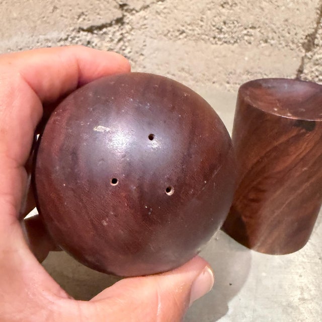1960s Modern Nesting Salt & Pepper Shaker Rosewood Ball + Cylinder Mid-Century For Sale - Image 10 of 13