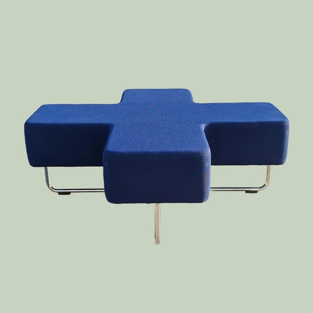 Postmodern Late 20th Century Postmodern Allermuir "Cross" Modular Bench Blue Upholstered Chrome Ottoman For Sale - Image 3 of 7