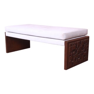 Mid-Century Modern Brutalist Carved Walnut Upholstered Bench, 1973 For Sale