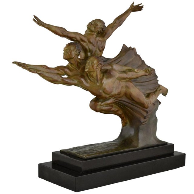 Robert Delandre, Art Deco Bronze Sculpture of 3 Athletes: Allegory of Speed, 1930, Bronze & Marble For Sale - Image 3 of 12