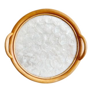 Vintage Capiz Shell Mother of Pearl & Rattan Bamboo Serving Tray Boho Coastal Decor For Sale