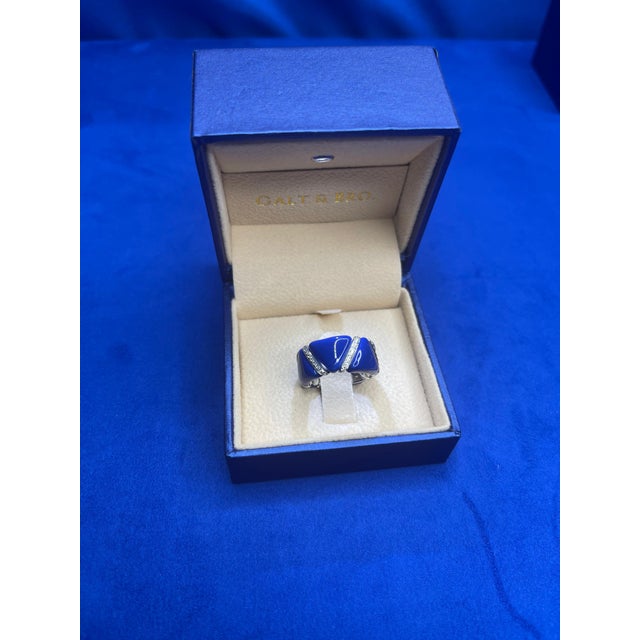 Diamond Navy Blue Enamel Flexible Italian Eternity Band Unique White Gold Ring, Size 6 For Sale - Image 11 of 18