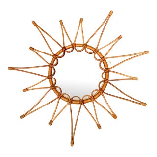 Vintage Italian Bent Rattan Sunburst Mirror For Sale