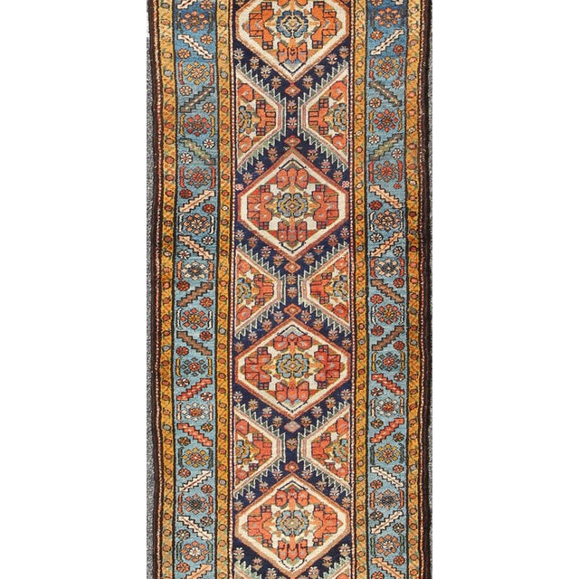 Colorful 1920s Antique n.w. Persian Runner With Sub-Geometric Medallions 3'0"x13'7" For Sale - Image 4 of 7