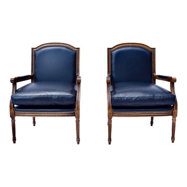 Louis Xvi Style Leather Fauteuil Chairs For Sale