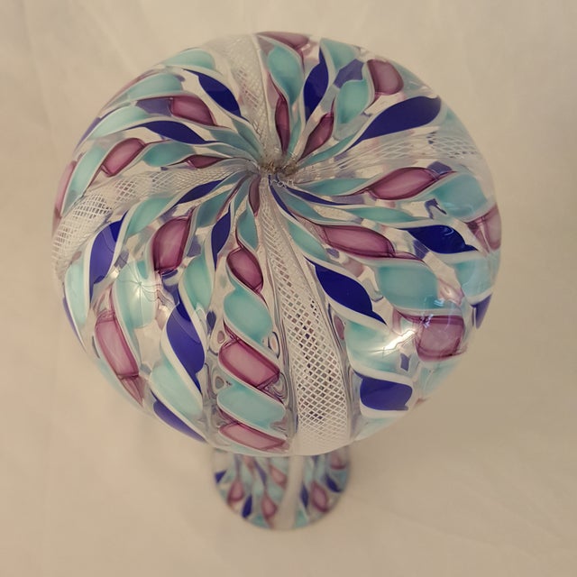 Murano Zanfirico Style Blue & Purple Glass Vase Signed by Mike Grau