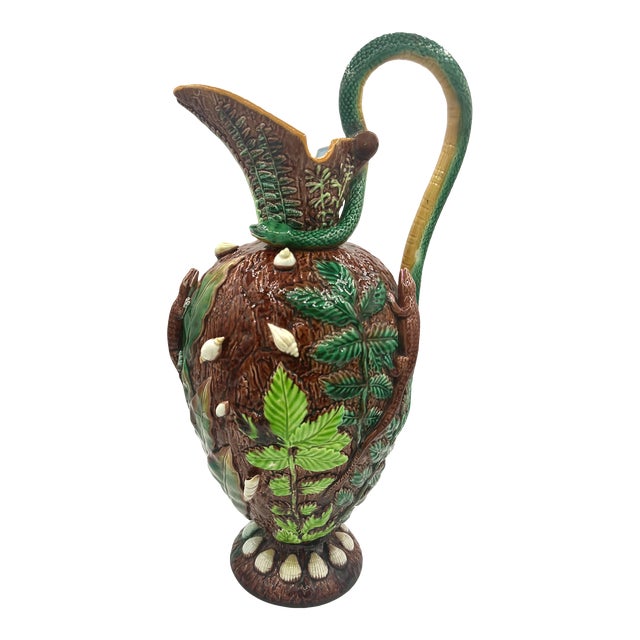 A George Jones Majolica 'Palissy Vase' With Snake Handle, English, Ca. 1870 For Sale