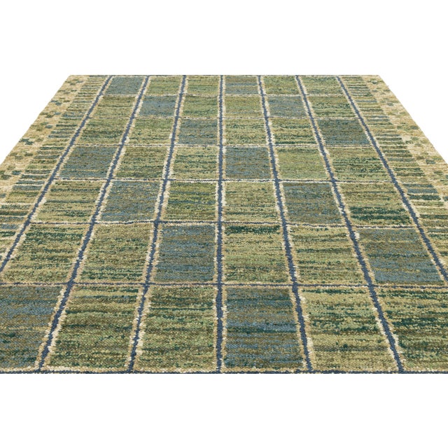 Handmade Flatweave Rug Earthy Sage & Sky Blue Swedish Style Geometric Design For Sale - Image 9 of 10