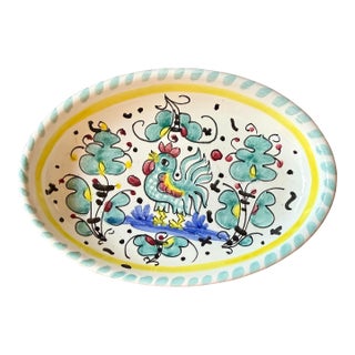 Hand-Painted Deruta Majolica Ceramic Oval Trinket Dish With Green Rooster Motif For Sale