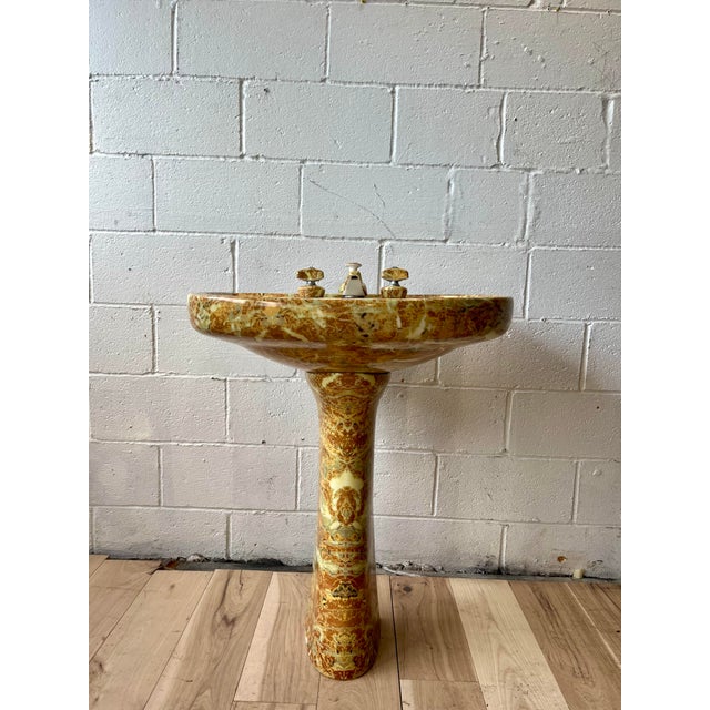 Sherle Wagner 1970s Hollywood Regency Faux Marble Pedestal Sink With Matching Fixtures For Sale - Image 4 of 11