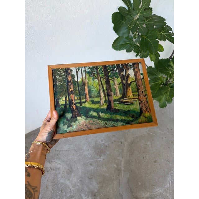Antique small oil painting on wood depicting a forest landscape, signed J. Biot. Some patina from age, minor imperfections...