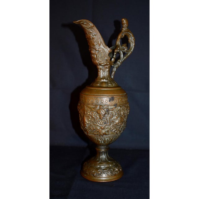 Metal Antique Victorian Cast Metal Ewer Pitcher 12.5” Ornate Bacchus Grape Vines Urn For Sale - Image 7 of 15