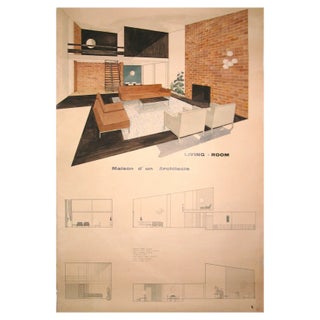 F. Janssens, Architectural Drawing of Living Room, 1950s, Drawing on Paper For Sale