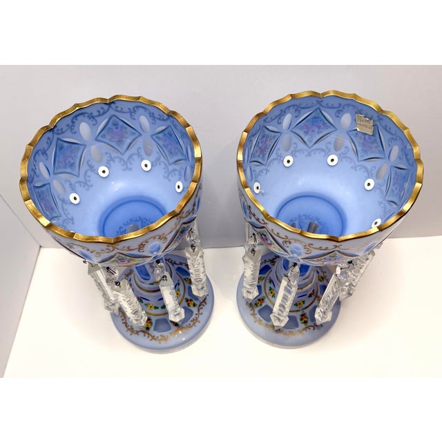 Antique Bohemian Czech Victorian Blue Opaline Glass Enamel Floral Lusters Pair For Sale - Image 4 of 12