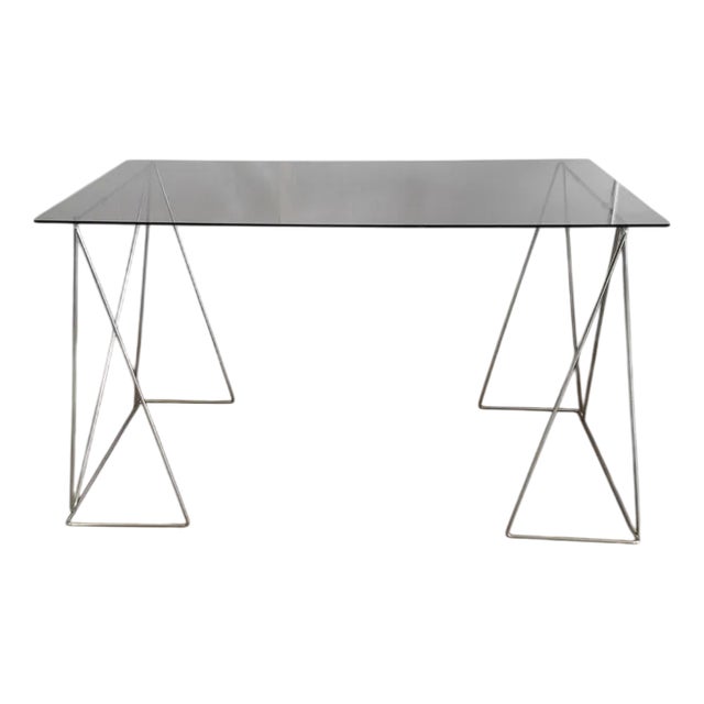 Glass Desk Table and Metal Trestles, 1960s For Sale