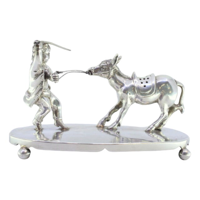 Silver Toothpick Holder with Child Pulling Donkey For Sale