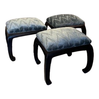 1990s Ming Style Stools/Ottomans Covered in Clarence House Castello Aragonese Blue For Sale